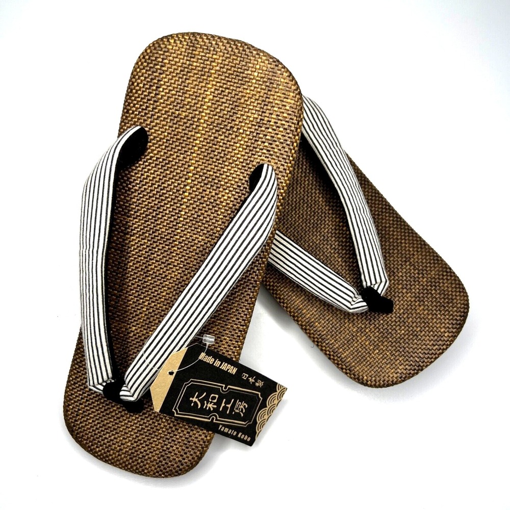 Yamato Kobo Flip Flops Oval Unisex Cork Setta Brown Stripes Size 7 W & 5.5 M NEW - Picture 2 of 6